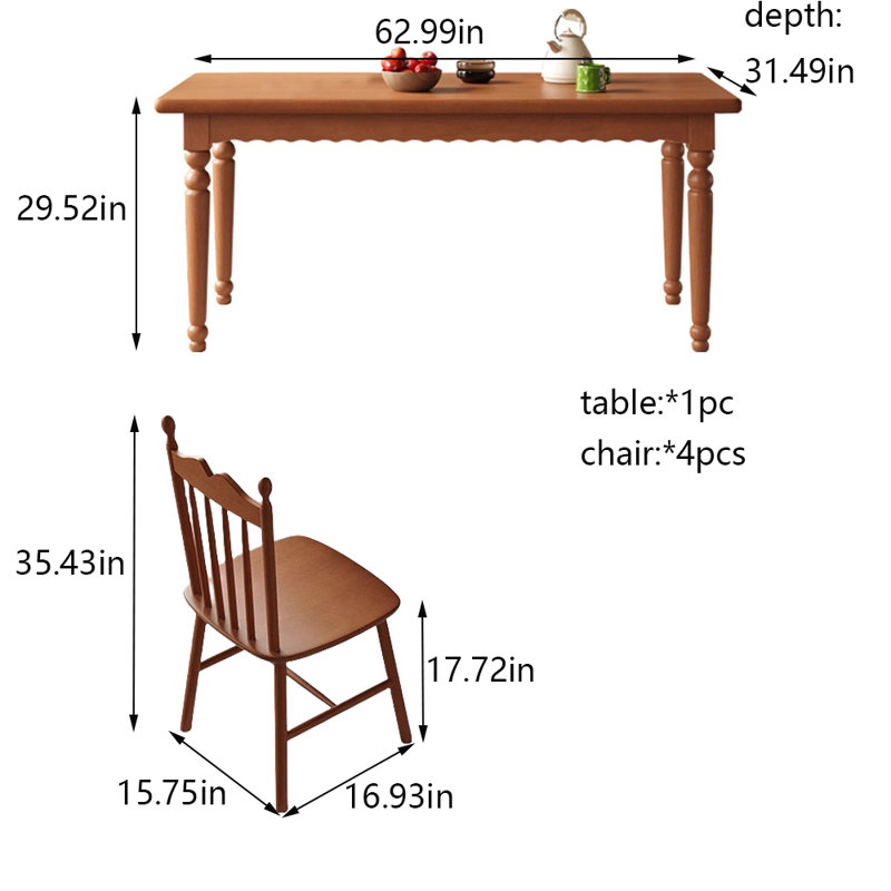 Combinaison de table et chaises de salle à manger rétro, H 29,52 po x L 62,99 po x l 31,49 po