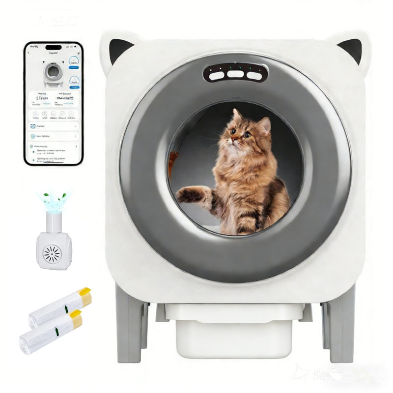 Bac à litière automatique, bac à litière autonettoyant avec système d'air frais, bac à litière autonettoyant pour plusieurs chats, bac à litière automatique avec contrôle d'application, capteur intelligent, protection de sécurité, avec 2 rouleaux de sacs à ordures et tapis de litière pour chat