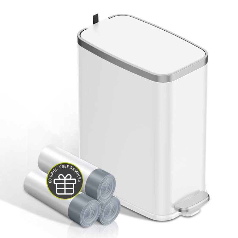 Poubelle de salle de bain 1,6 gallon avec couvercle à fermeture lente, pédale, poubelle en acier inoxydable de 6 litres avec seau intérieur amovible, filtre à odeurs intégré, petite poubelle pour salle de bain, toilette, bureau à domicile, chambre à coucher (blanc)
