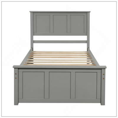 Space-Saving Twin Size Platform Bed With Trundle, Sturdy Wood Frame In Grey, Ideal For Compact Bedrooms And Guest Rooms.