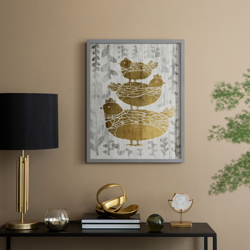 Three French Hens - Gold Leaf Holiday Framed Print - Solid Wood, Grey, 11" H x 9" W