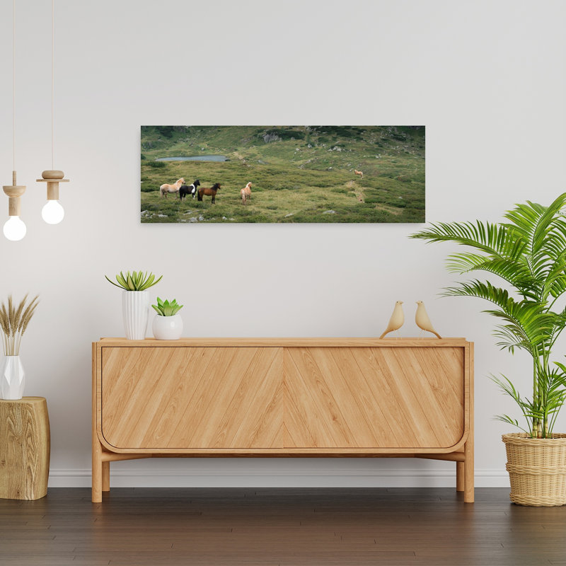 «Wild Horses Mountain Lake Peaceful Serene Tranquil Horse Landscape Mountain», art mural, H 12 po x l 36 po