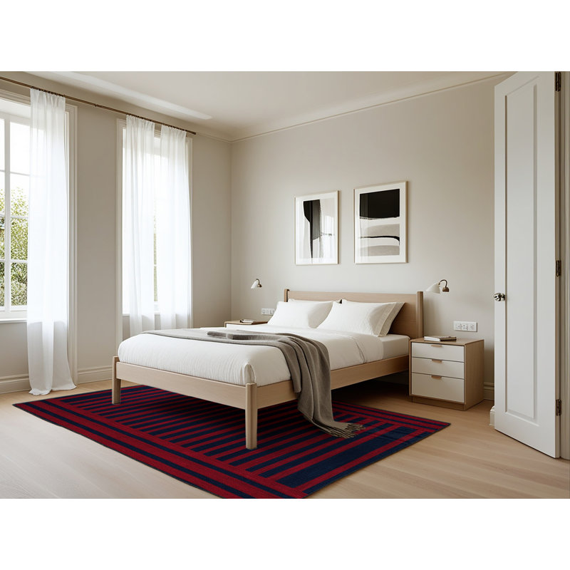 Tapis bleu à rayures horizontales lavable à la machine, Rectangle 5 pi x 7 pi