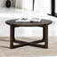 Table de salon style transitionnel 36 po avec base à tréteaux et plateau en bois avec finition noyer foncé brossé et salon principal