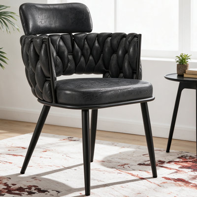 Modern Mid Century Woven Dining Chair with Arms - Upholstered Side Chair with Backrest & Black Metal Legs for Kitchen Island, Living Room & Cafe