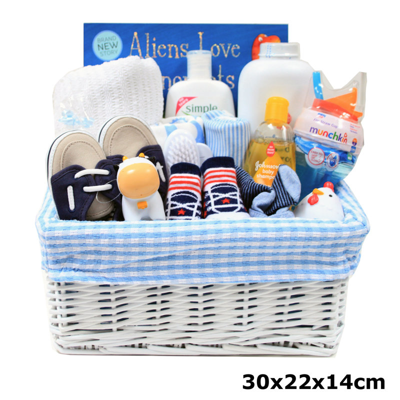 White Wicker Storage Basket with Blue Gingham Lining - 30x22x15cm