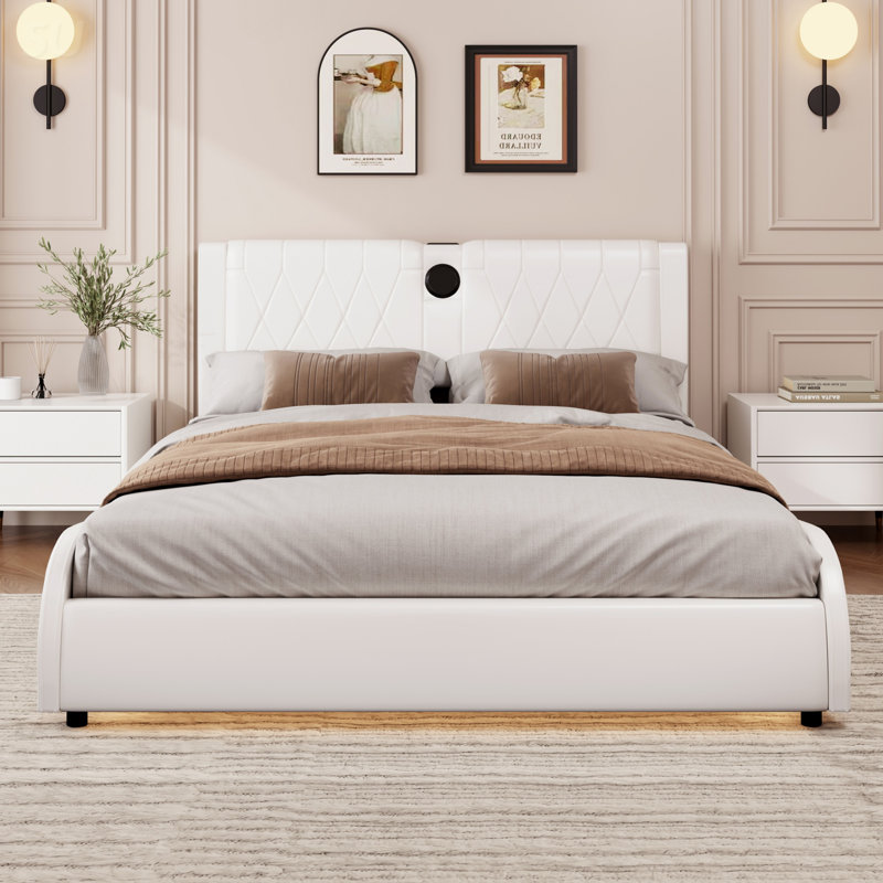 Faux Leather Upholstered Platform Bed with Thickened Headboard, Bluetooth Speakers and RGB LED Light, White, King