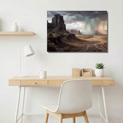 «Brown Desert Canyon Under Storm Clouds with Winding River», art mural sur toile