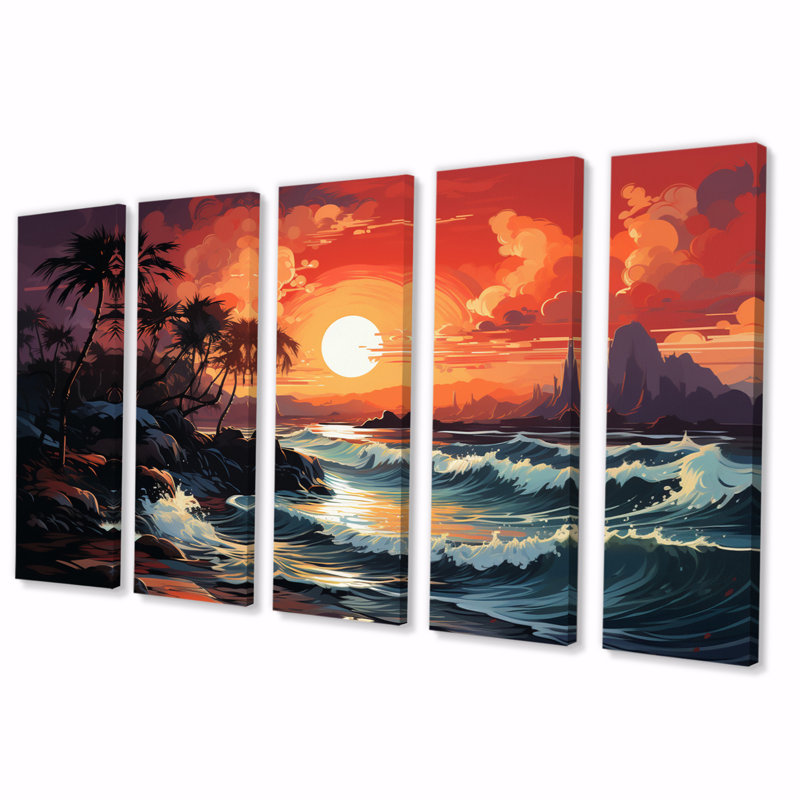 Paradis tropical II - décoration murale bord de mer - 5 panneaux égaux
