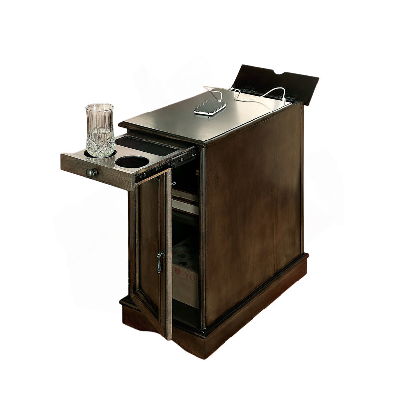 Porte-gobelet escamotable transitionnel pour armoire de table d'appoint avec prise USB intégrée, gris