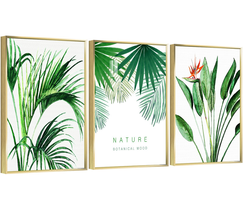 "Plants Aluminium", ensemble de 3 reproductions d'art encadrées sur toile_QS38-8, H 16,3 po x l 36,3 po x P 1,65 po, Or