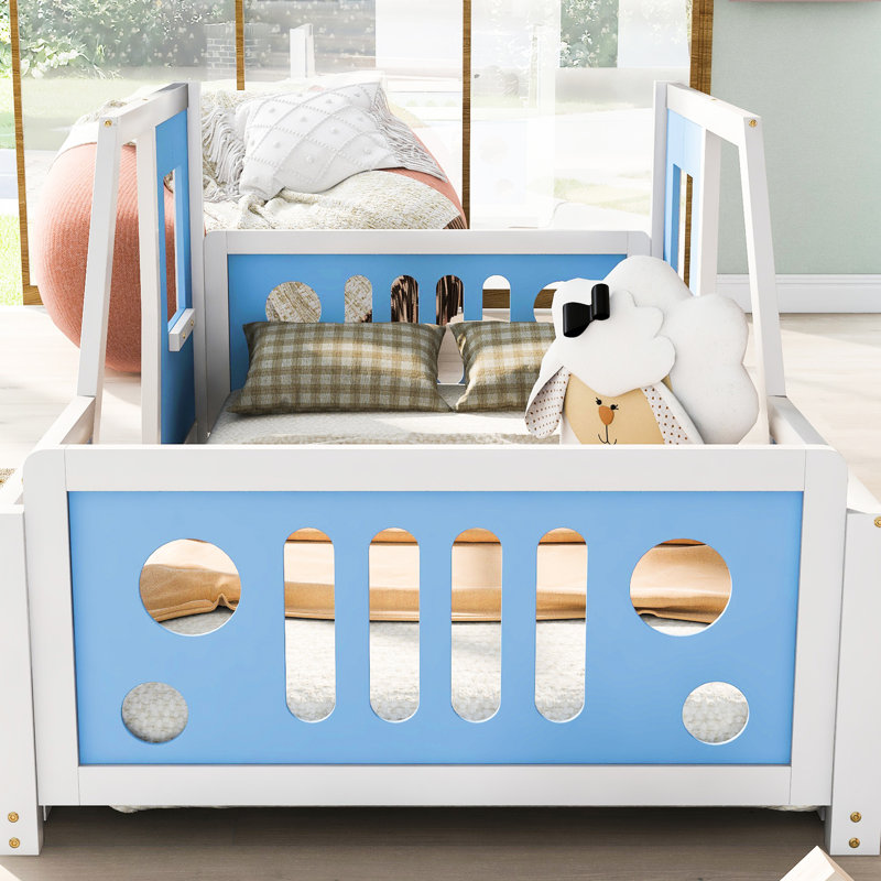 Twin Size Classic Car-Shaped Bed With Wheels, Blue - Made Of Strong  And For A Stylish Bedroom Look Car Wheels In Materials Brightening