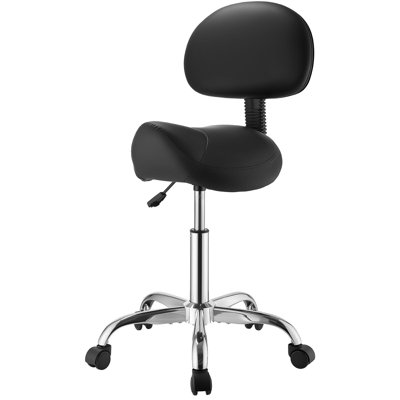 Tabouret de selle avec support pour le dos, capacité de poids de 500 lb, siège en cuir de polyuréthane ergonomique réglable en hauteur, chaise roulante pivotante à 360 ° avec roulettes pour salon, spa, bar, médical, noir
