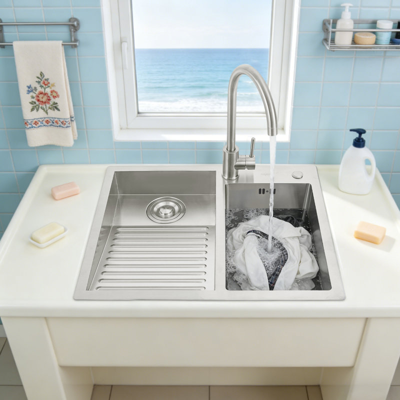 Household Stainless Steel Laundry Sink With Washboard