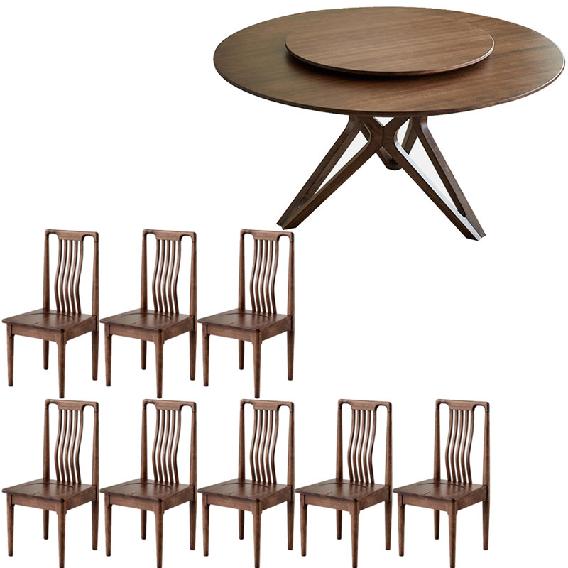 American style vintage solid wood dining table set, 29.9"H x 62.9"L x 62.9"W, 11 Pieces: 1 Table, 10 Chairs 