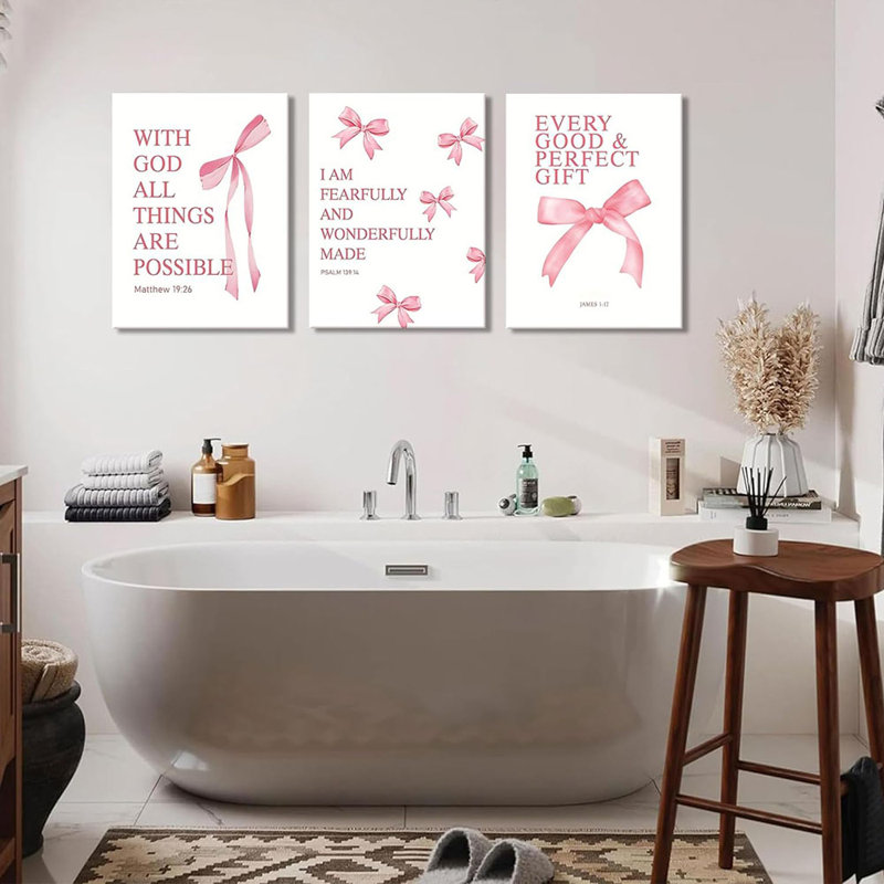Coquette Pink Bow Canvas Wall Art Set Of 3, Inspirational Bible Verses Decor Posters Pictures Prints Aesthetic For Room College Apartment Living Room Bedroom Framed