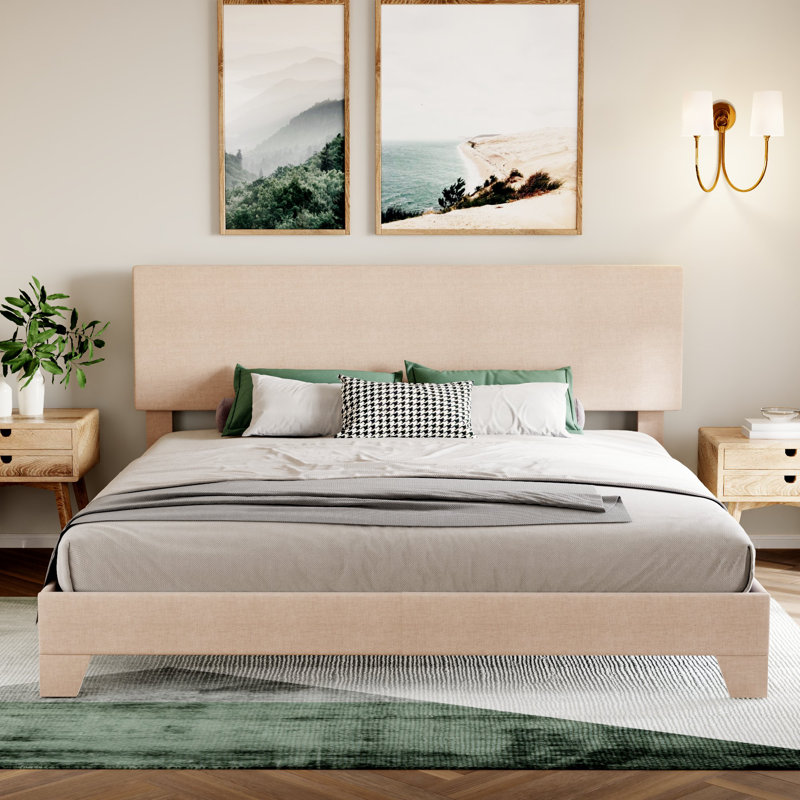 Lit plateforme simple tapissier Avel, Très grand, Lin beige