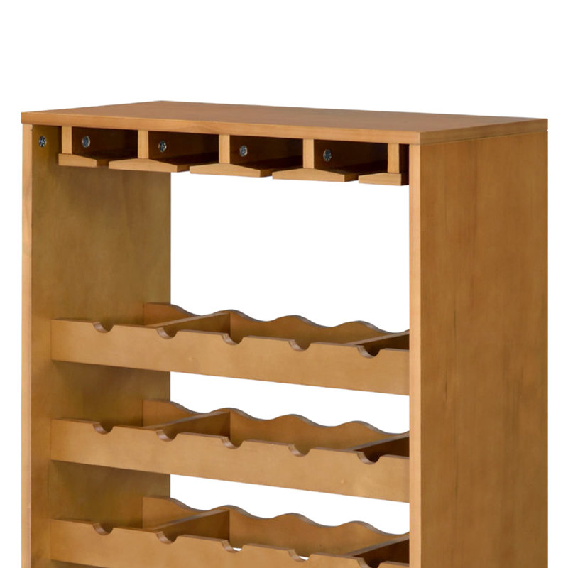 Casier à vin en bois à 7 niveaux avec fini chêne et capacité de 35 bouteilles, 4 porte-gobelets, rangement intégré pour verres à pied pour la salle à manger, structure en panneaux de particules, dimensions de rangement : 24 cm de profondeur, 12 cm de largeur, 48 cm de hauteur.