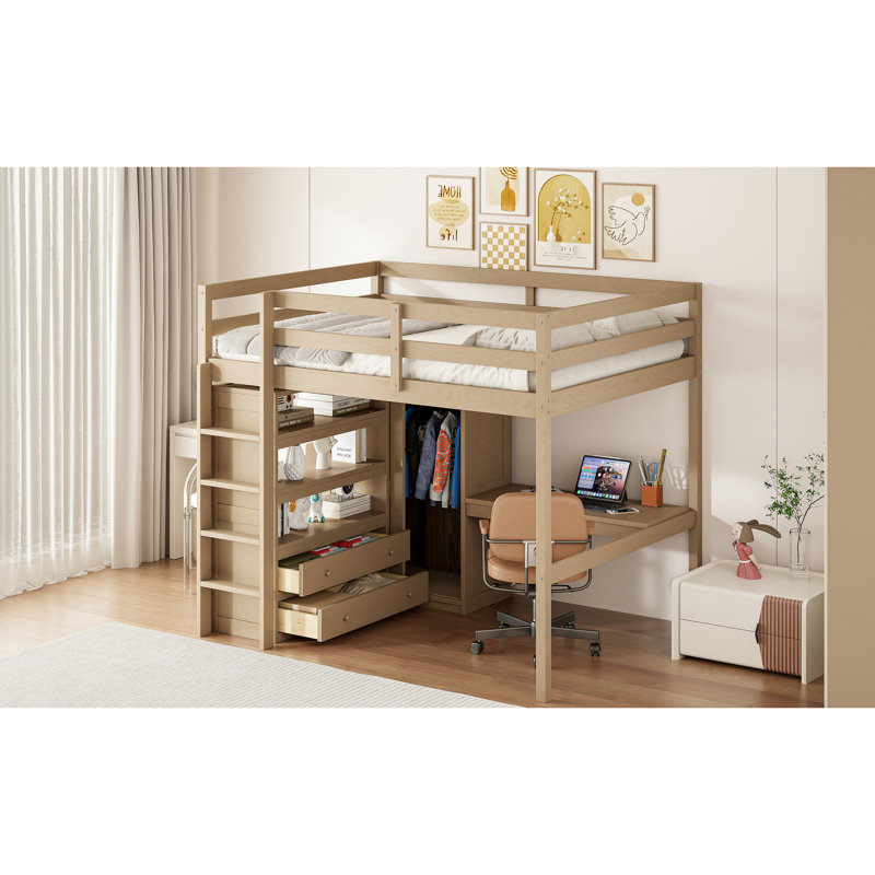 Lit mezzanine double en bois de noyer avec bureau intégré, garde-robe, rangement et 2 tiroirs, sans sommier, garde-corps en bois, tablettes