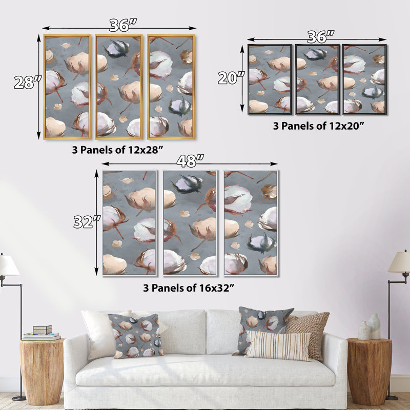 Cotton Buds On Grey - ensemble de 3 reproductions d'art encadrées sur toile, H 28 po x l 36 po x P 1 po, Noir