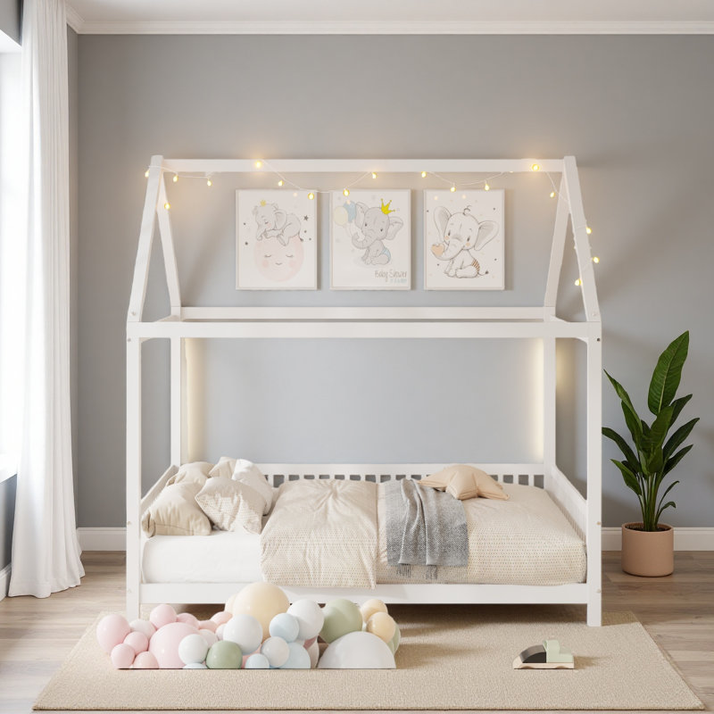 Lit maison avec garde-corps et DEL, Lit double