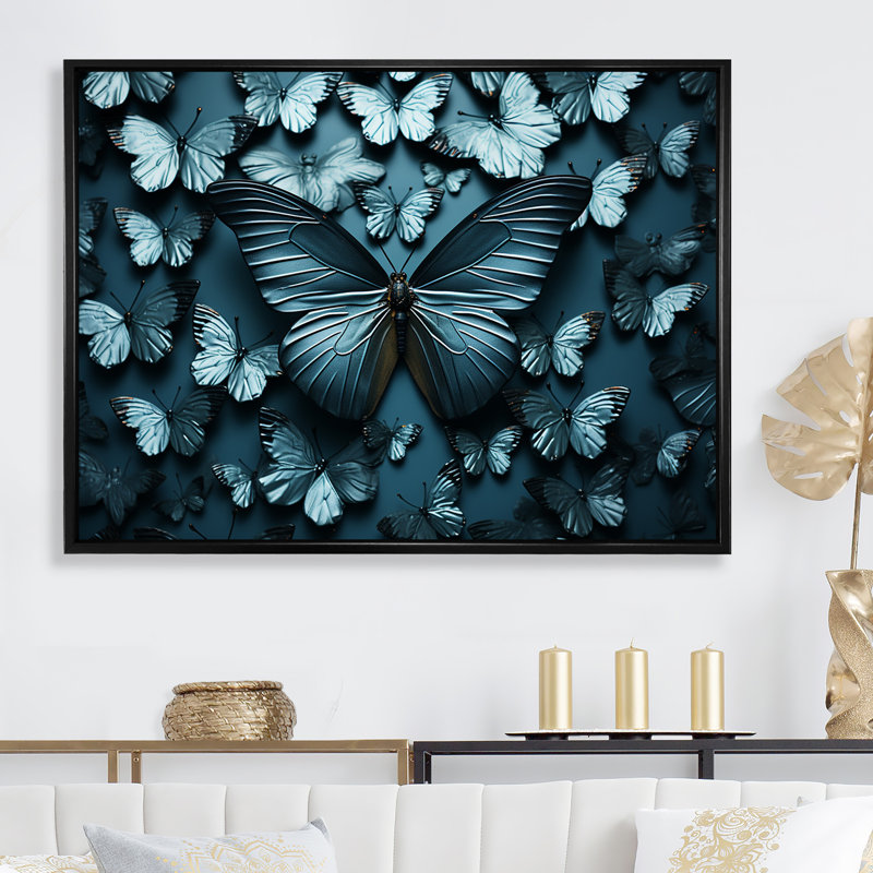 Tons gris anthracite profonds représentant des papillons sur toile, Cadre flottant noir, H 12 po x l 20 po