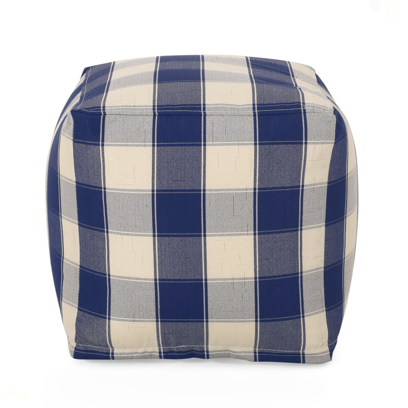Connor Checkered Square Pouf, Ivory And Navy Blue