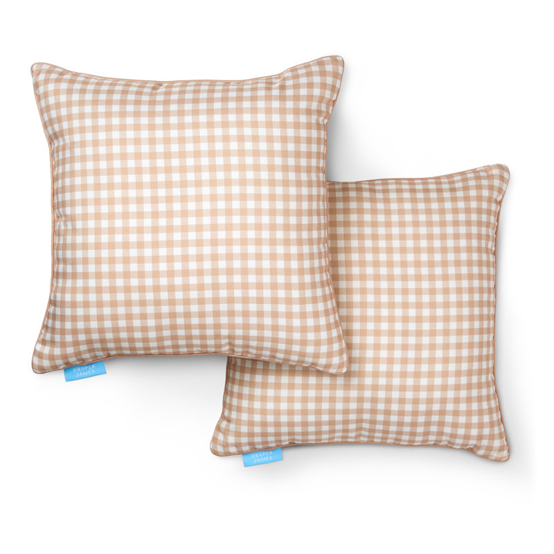 DRAPER JAMES Gingham Indoor Outdoor Decorative Pillow 2-Pack Set, UV Fade Resistant, Water Resistant, Caramel/Tan, 20"x20"