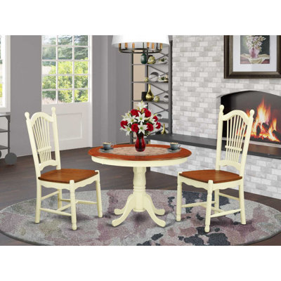 3 Piece Dining Set Contains a Round Dining Room Table with Pedestal and 2 Kitchen Chairs, Buttermilk & Cherry