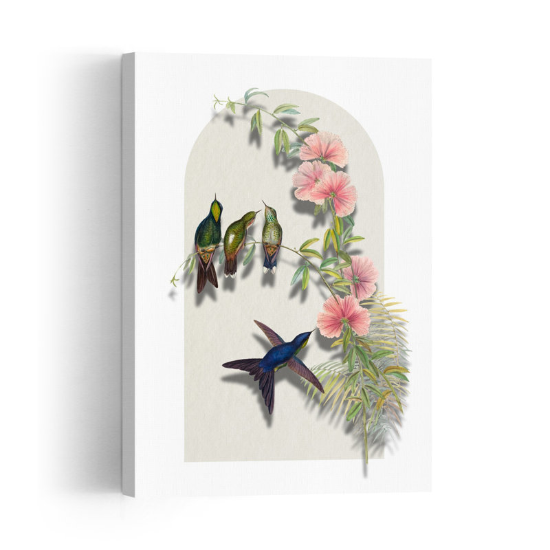 Tropical Hummingbirds And Blooms Colorful Delicate Vibrant Hummingbird Bird Flower Nature Wall Art Print by Marja Van Den - Wrapped Canvas Print
