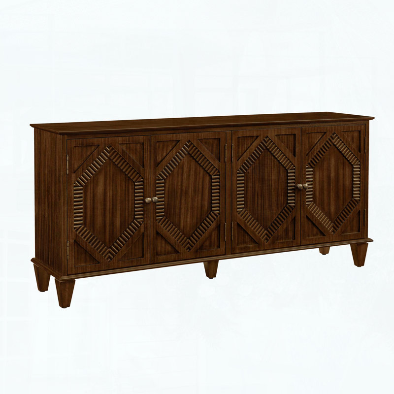 Mid Century Modern Sideboard with Symmetrical Geometric Accent, Adjustable Shelf, Walnut, Walnut
