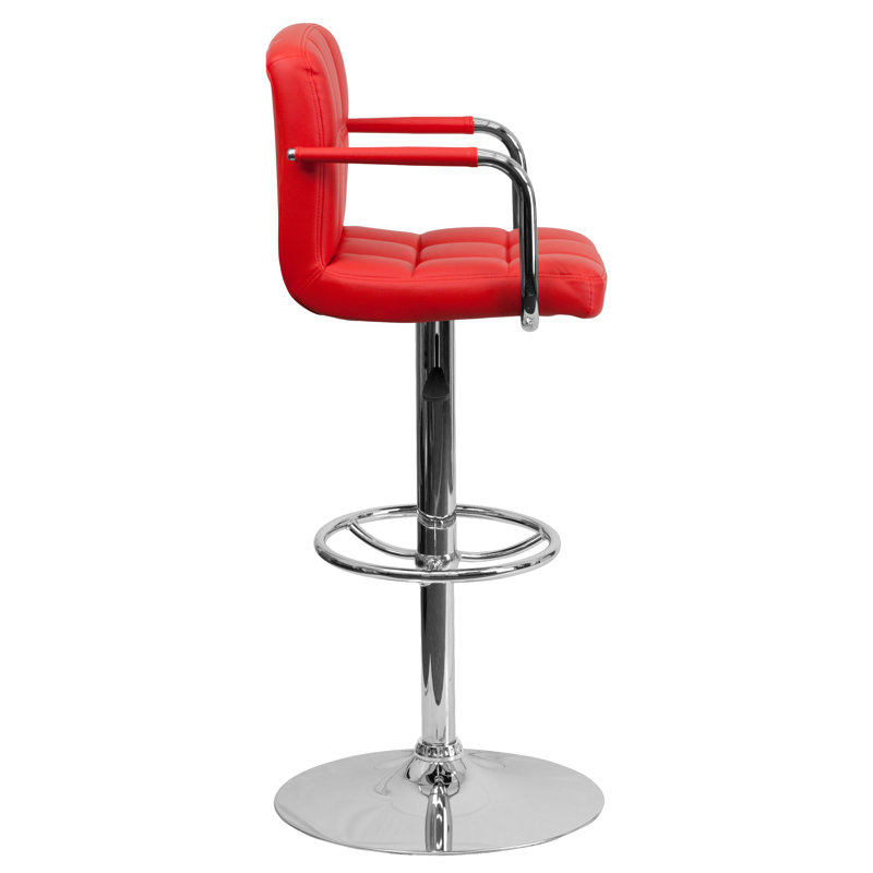 Red Adjustable Height Swivel Leather Bar Stool with Metal Base