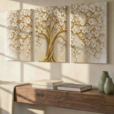 Ensemble de 3 grandes fleurs exquises, arbre de vie en or blanc, art mural de luxe, décor moderne sur toile pour le salon, la chambre à coucher, le bureau et la maison