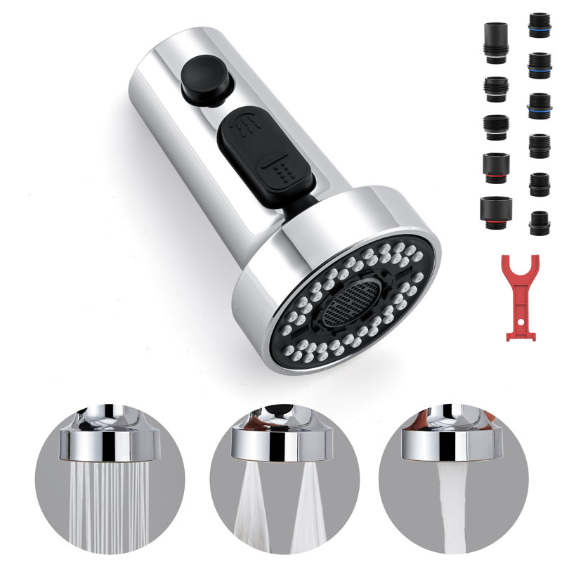  Kitchen Pull Down Faucet Head Replacement 3 Function Sprayer Nozzle with 11 Adapters, Chrome