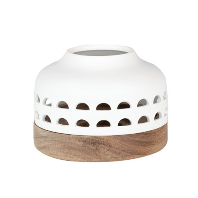 Lantern With Cutouts - Porcelain & Acacia Wood - Small