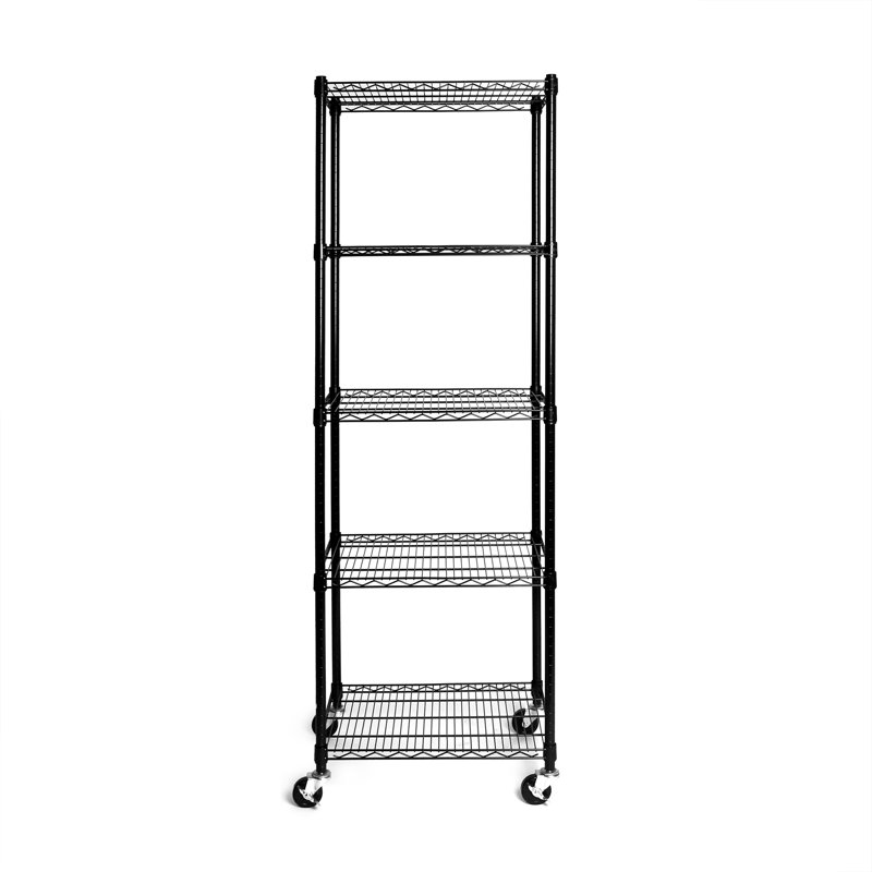 Black Adjustable 5-Tier Steel Wire Shelving Unit with Wheels