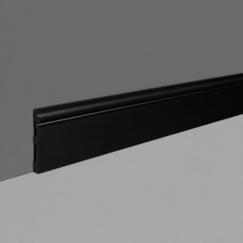 Moulure de plinthe Outwater RPS-4450 | Plinthe en polystyrène haute résistance | Noir satiné | Hauteur : 12 cm ; profondeur : 1,6 cm | Longueur : 122 cm | Paquet de 8