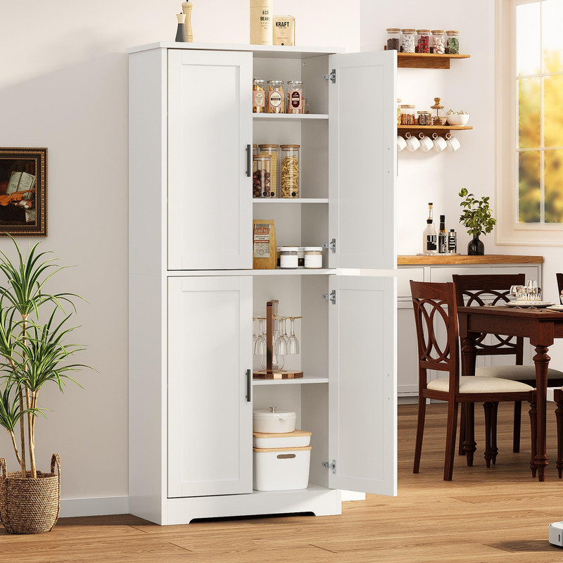 70-Inch Tall Freestanding Pantry Cabinet with Doors and Adjustable Shelves in White - Storage Unit for Kitchen, Bathroom, Dining Room or Living Room