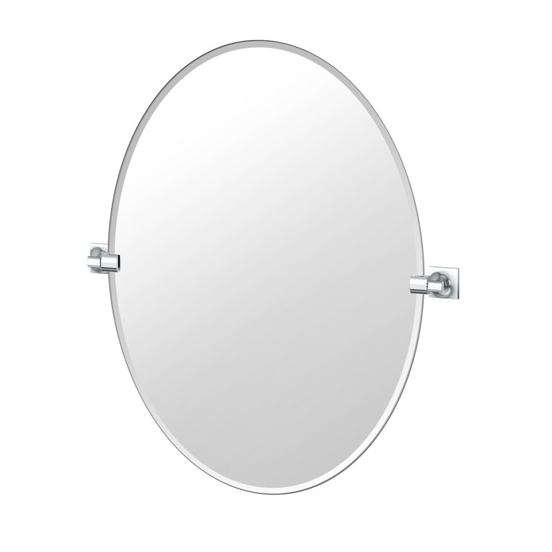 Waterline Frameless Oval Bathroom Vanity Mirror | Wall Mounted Pivoting and Beveled Mirror, 32" x 28", Matte Black