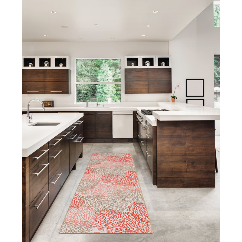 Madelyn Washable Ivory and Coral Machine Woven area rug, Runner 2' x 8'