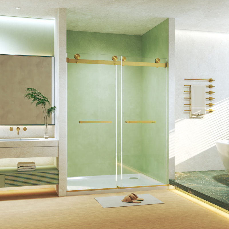Frameless Double Sliding Shower Door, 44-48 In. W X 74 In. H, 5/16 In. Tempered Glass, Brushed Gold Finish | Gift Idea