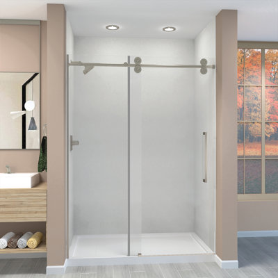 Frameless sliding barn shower door, 3/8 in. clear glass, 59 in. wide × 80 in. tall, by Transolid Teegan Plus