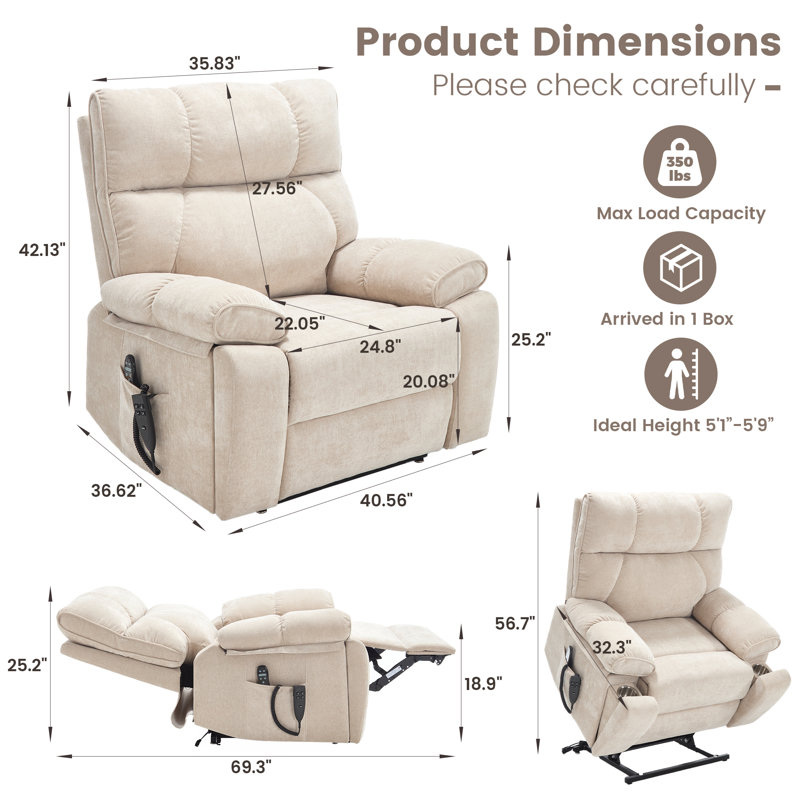 Dual Motor Power Lift Recliner With Heat And Massage, 350 Lbs Capacity, Hidden Cup Holders & Remote Control, Beige