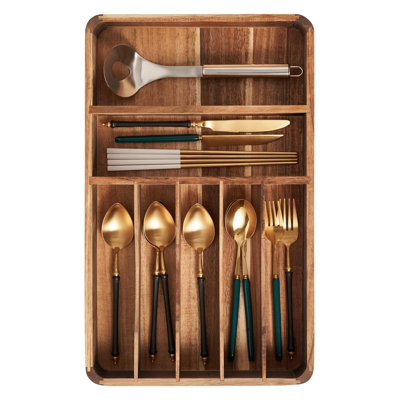 Silverware Drawer Organizer, Acacia Wood Tray For Cutlery & Flatware | Fixed 10.5" Wide, 7-Compartment Utensil Holder For Forks & Spoons