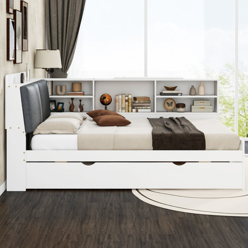 Lit plateforme en bois avec lit gigogne, Blanc, Lit double