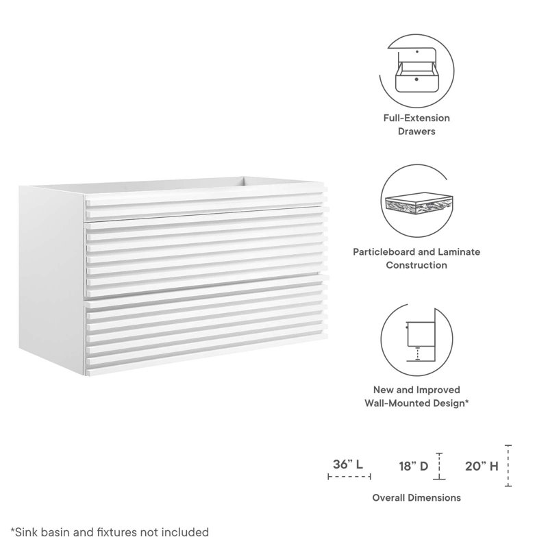 Render 36" White MDF Wall-Mount Bathroom Vanity Cabinet