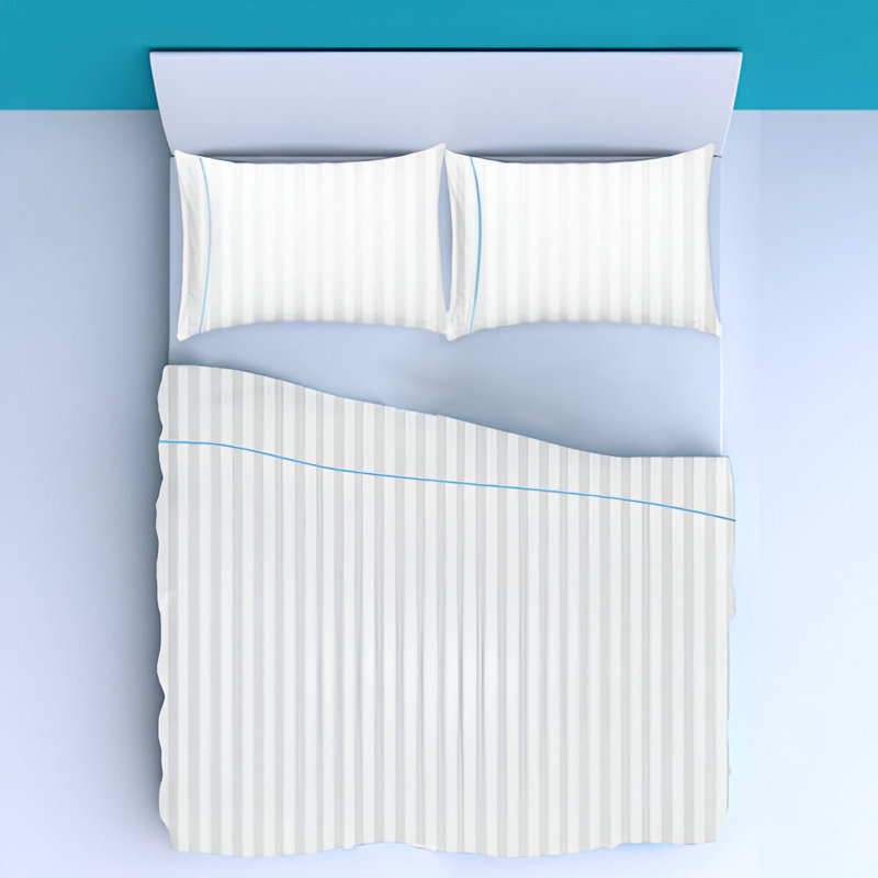 400TC Single Embroidery Sateen Stripe Cotton 4 Piece Sheet Set Fitted Sheet Fits Upto 16" Deep Pocket, Light Blue Border