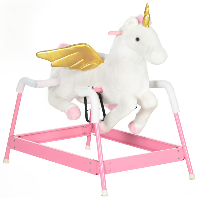 Cheval à bascule Qaba Kids Unicon, cheval à cheval pour filles et garçons avec sons d'animaux, animal en peluche avec douceur au toucher, jouet interactif pour enfants, rose