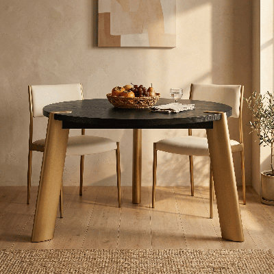 Tribase 47 Inch Round Dining Table, Seats 4 to 6, Three Brushed Gold Tapered Legs, Solid Rubberwood Modern Table for Dining Room & Kitchen, Easy Assembly, Burnt Black