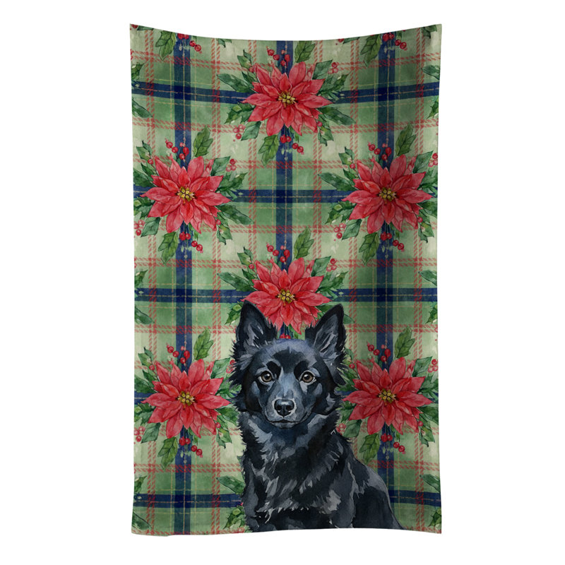 Schipperke Christmas PoinsettIas Kitchen Towel, Black Schipperke